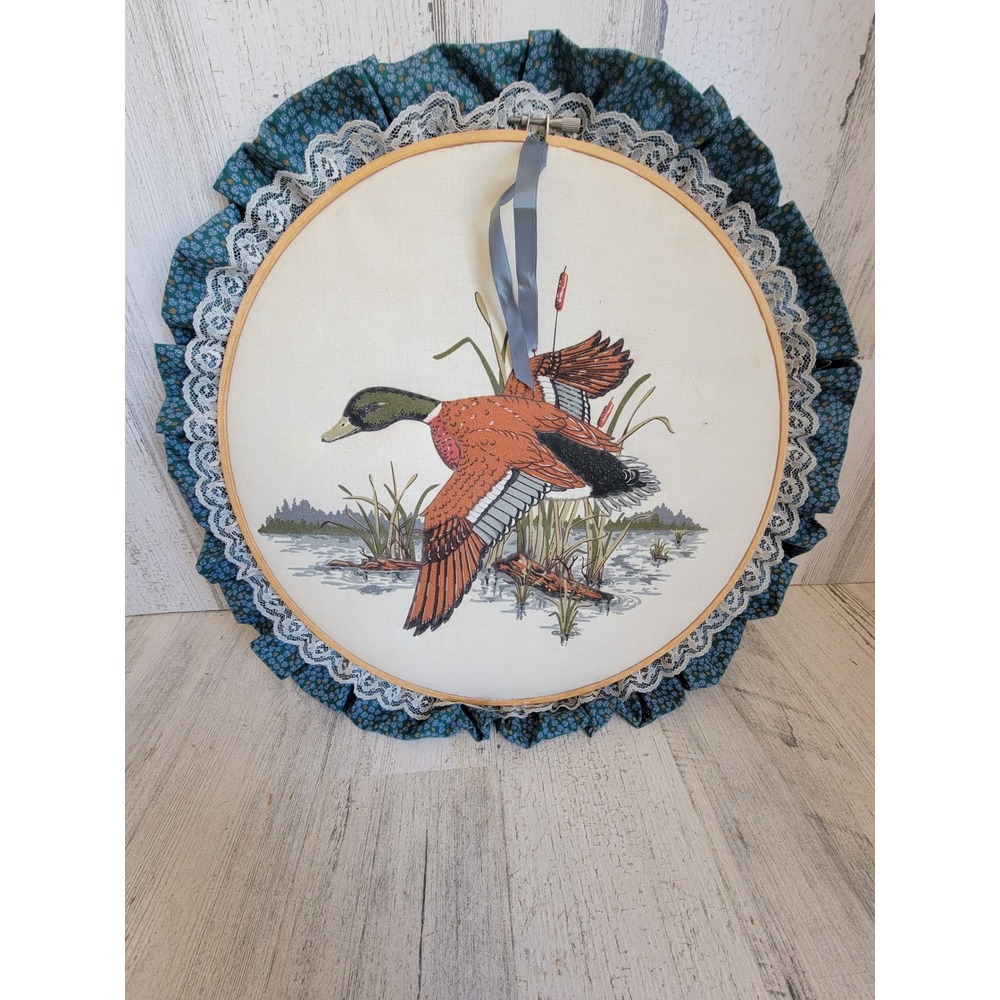 Vintage duck embroidery hanging hoop unique mallards bird art home decor